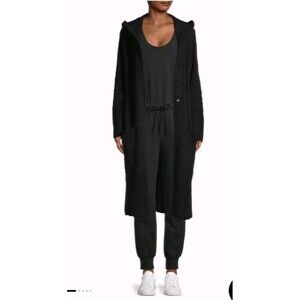 New UGG Women's Judith Knit Cardigan NWT Black Hooded Pockets Button Lounge 160